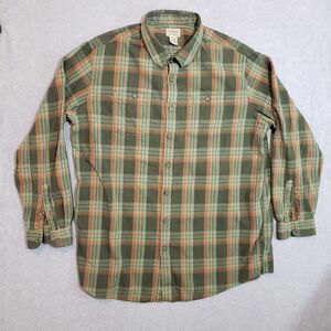 L.L. Bean Green and Orange Plaid Casual Button Down Shirt